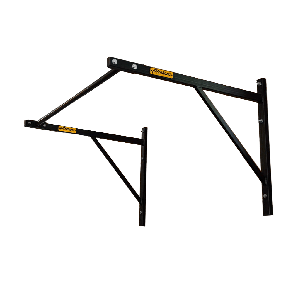 klimmzugstangen-fuer-jede-situation Affenhand® Klimmzugstange für jede Situation – stabile, schwarze Stahlstange mit Wandhalterung und gelbem Logo.