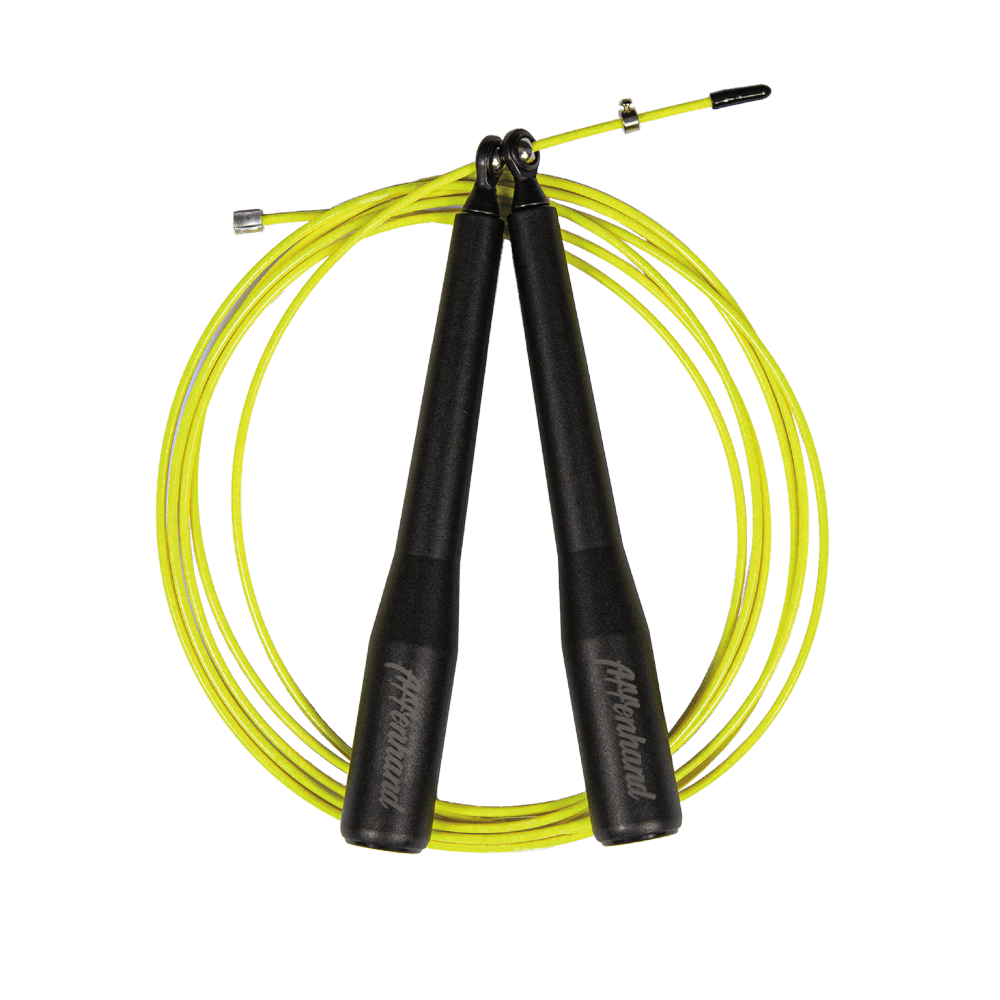 springseil-jump-rope-double-unders Affenhand® Springseil mit gelbem Stahlkabel und schwarzen Griffen – perfekt für Double Unders und Speed Workouts.