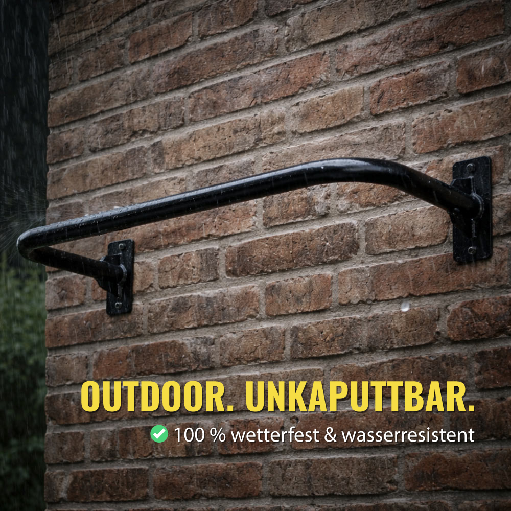 Outdoor Pull Up Stange fest verschraubt an einer Außenwand, massiver Stahl, stabile Konstruktion bis 200 kg belastbar